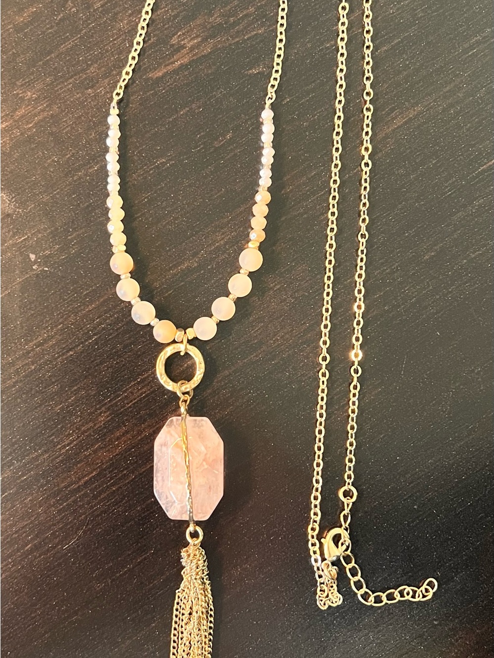 Gold-Tone Beaded Necklace with Rose Quartz Pendant and Tassel
